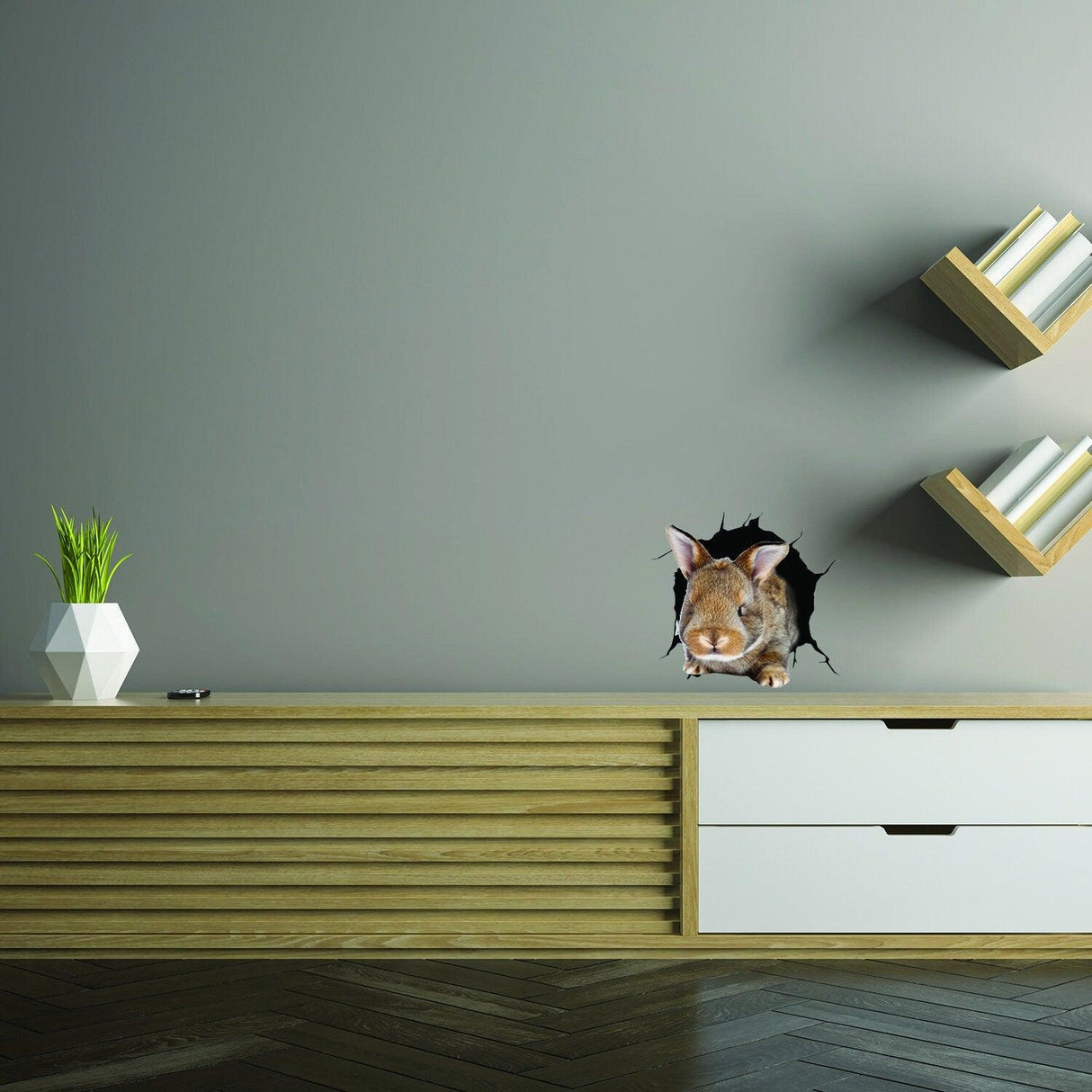 3D rabbit wall decal breaking through the wall, adding whimsical charm to a modern living space.