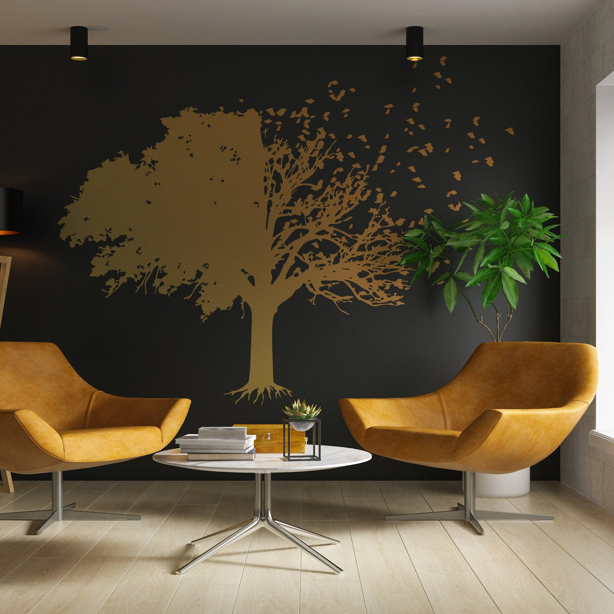 Elegant gold tree wall decal on dark wall, enhancing the modern living room decor.