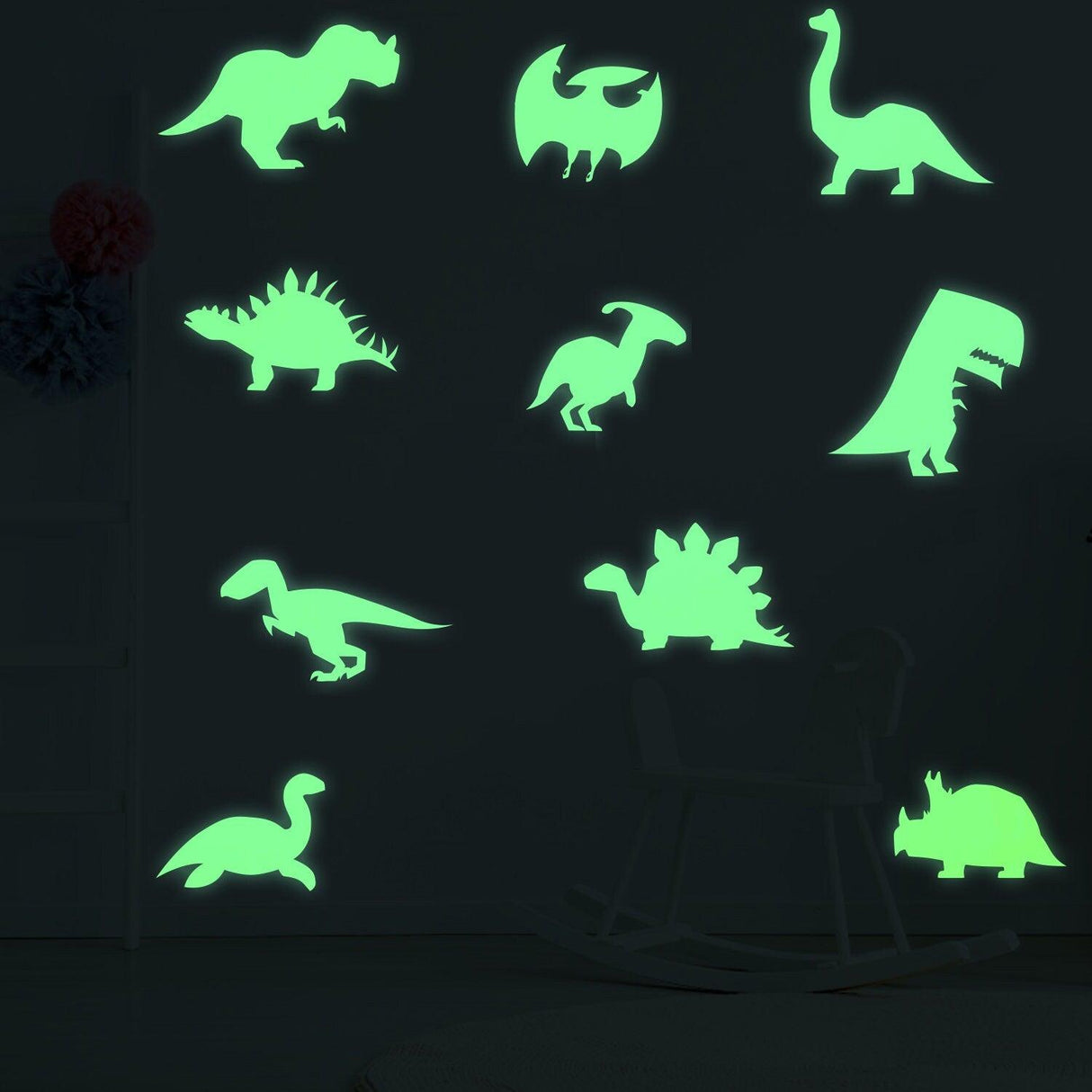 Glow in dark dinosaur wall decals featuring various dino designs, perfect for kids' rooms.