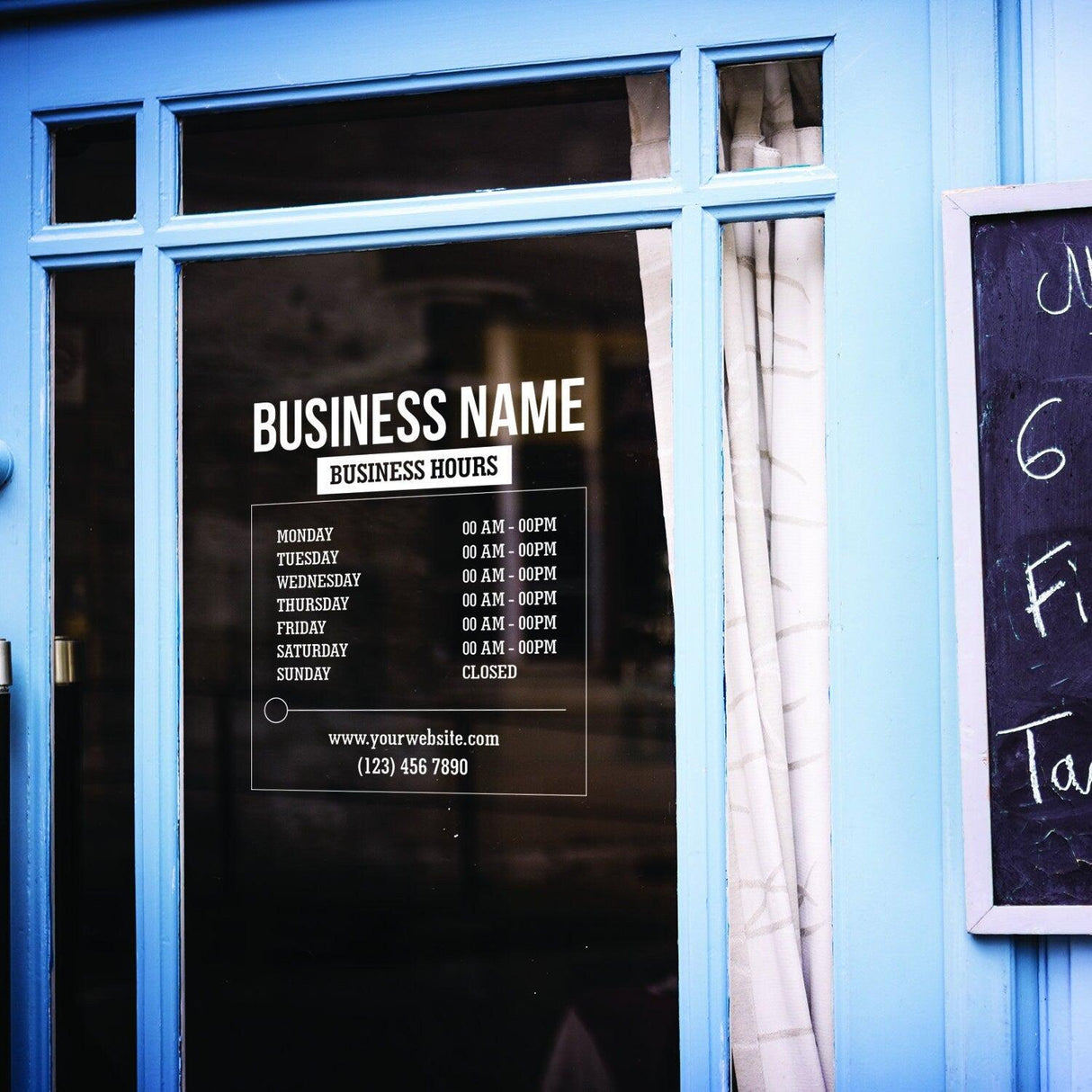 Custom vinyl business hours sign on a glass door displaying weekly opening times and contact information.