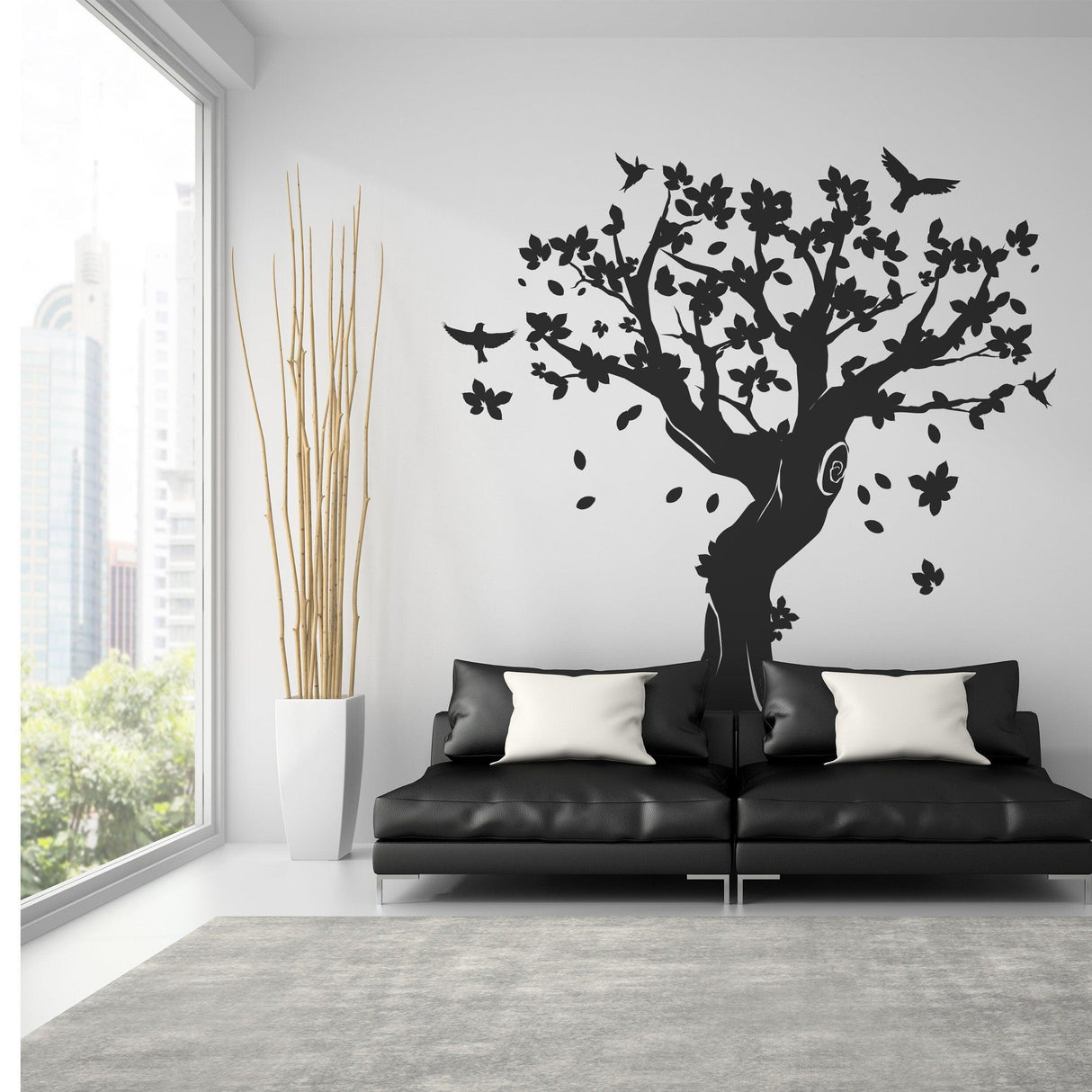 Tree wall decal decor in a stylish living room, adding nature-inspired charm to the space.