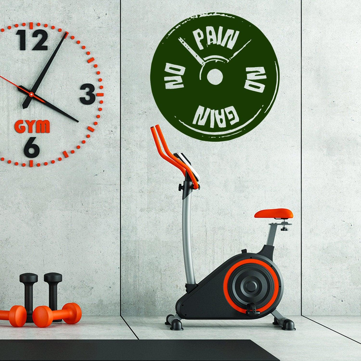 Gym decor featuring a workout-themed vinyl decal with the quote 'No Pain No Gain' above an exercise bike.