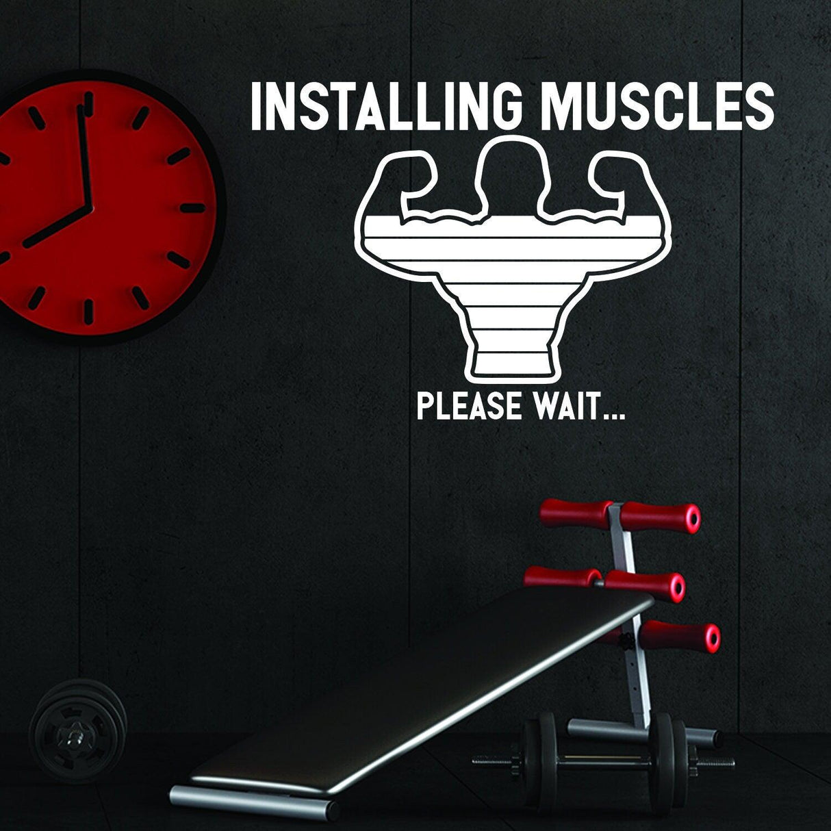 Vinyl decal with humorous 'Installing Muscles Please Wait' quote in gym setting, ideal for workout motivation.