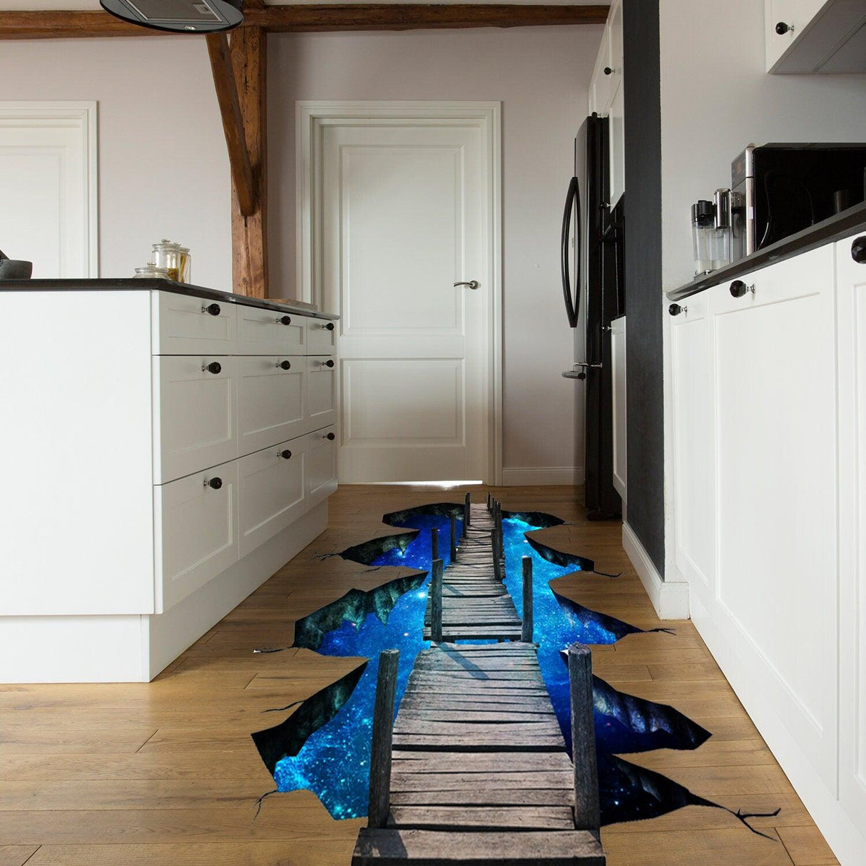 Stunning 3D space bridge vinyl decal on kitchen floor, featuring a galaxy design, enhancing home decor.