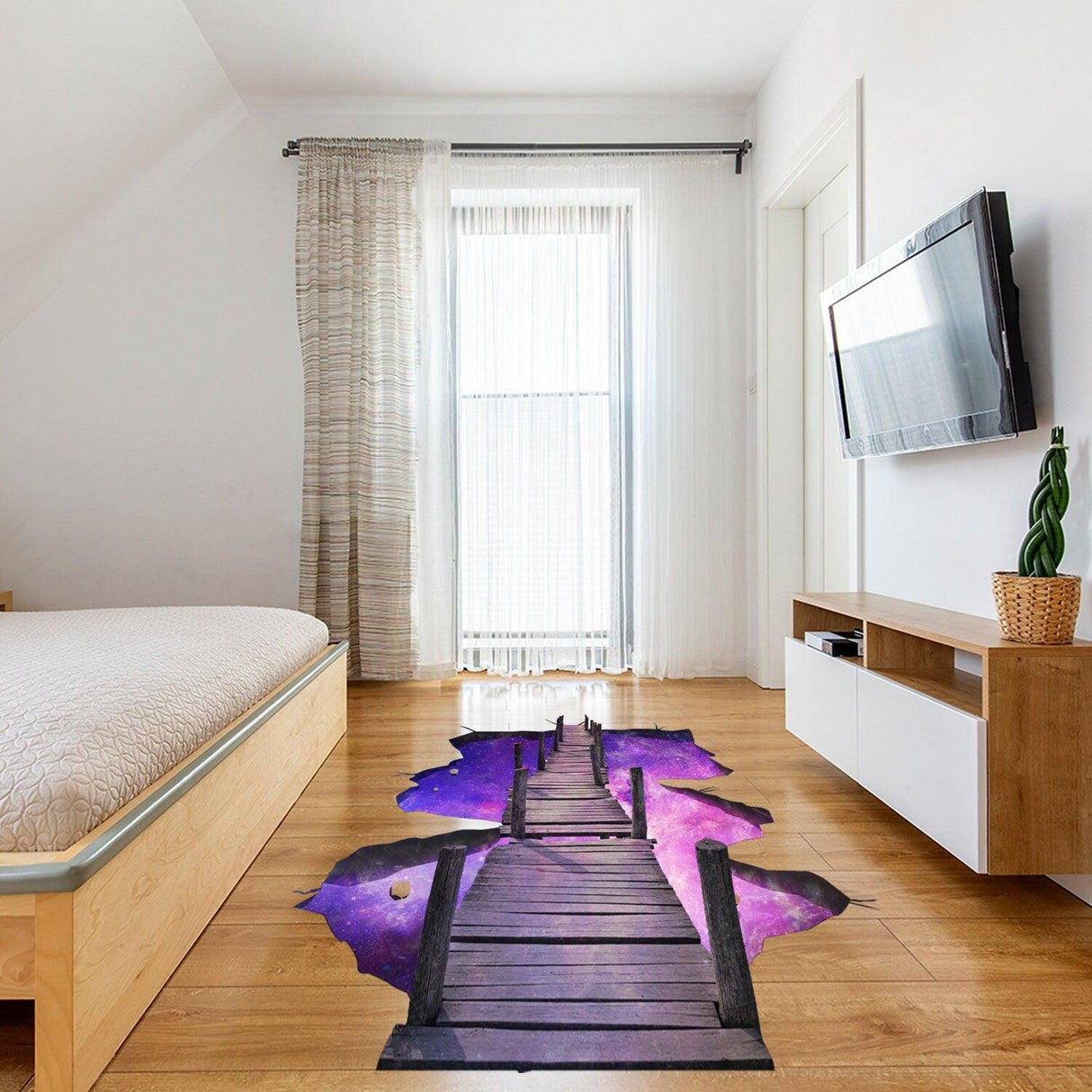 3D vinyl space bridge decal on wooden bedroom floor, adding a galactic touch to home decor.