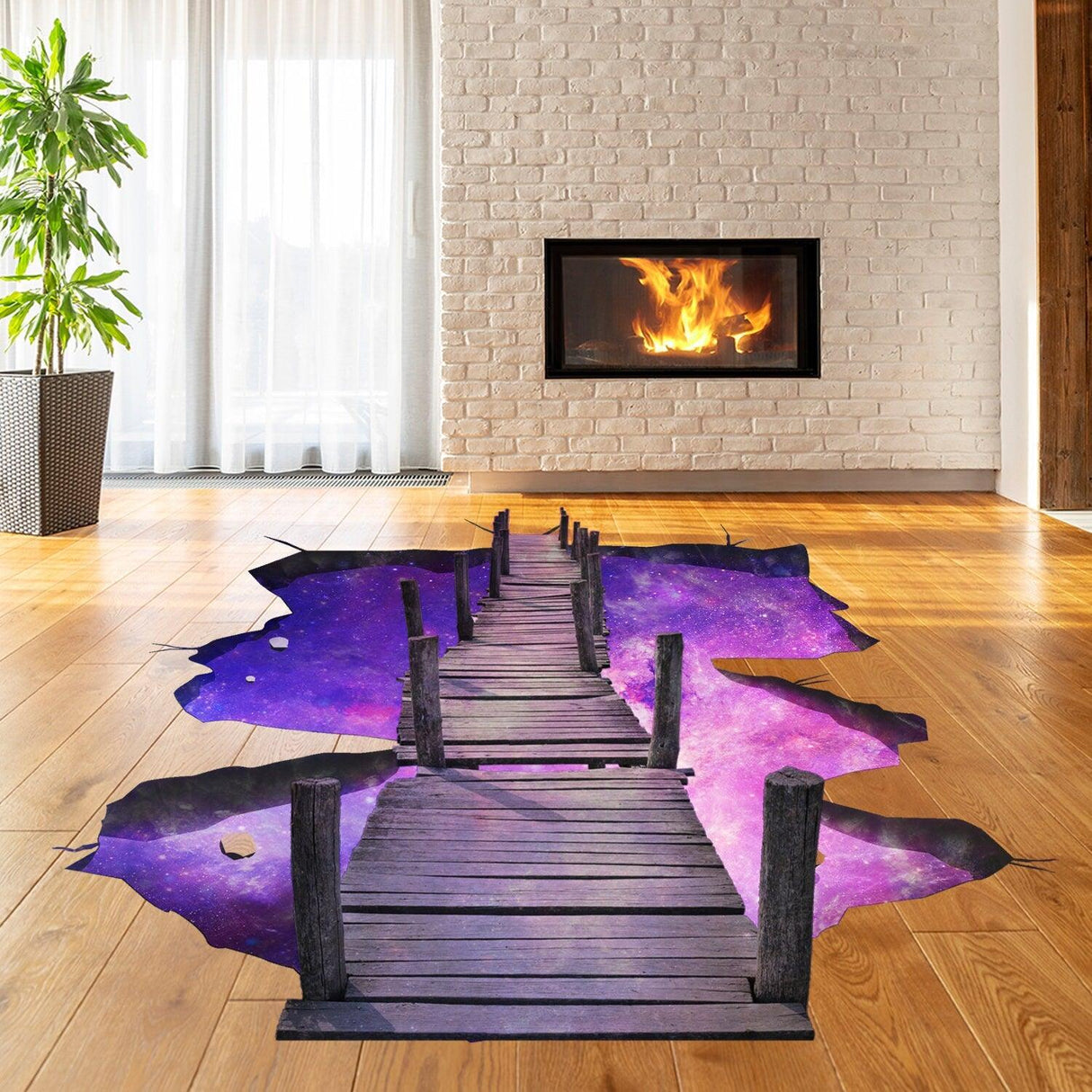 3D space bridge vinyl decal on floor, featuring purple galaxy design in a modern living room with fireplace.