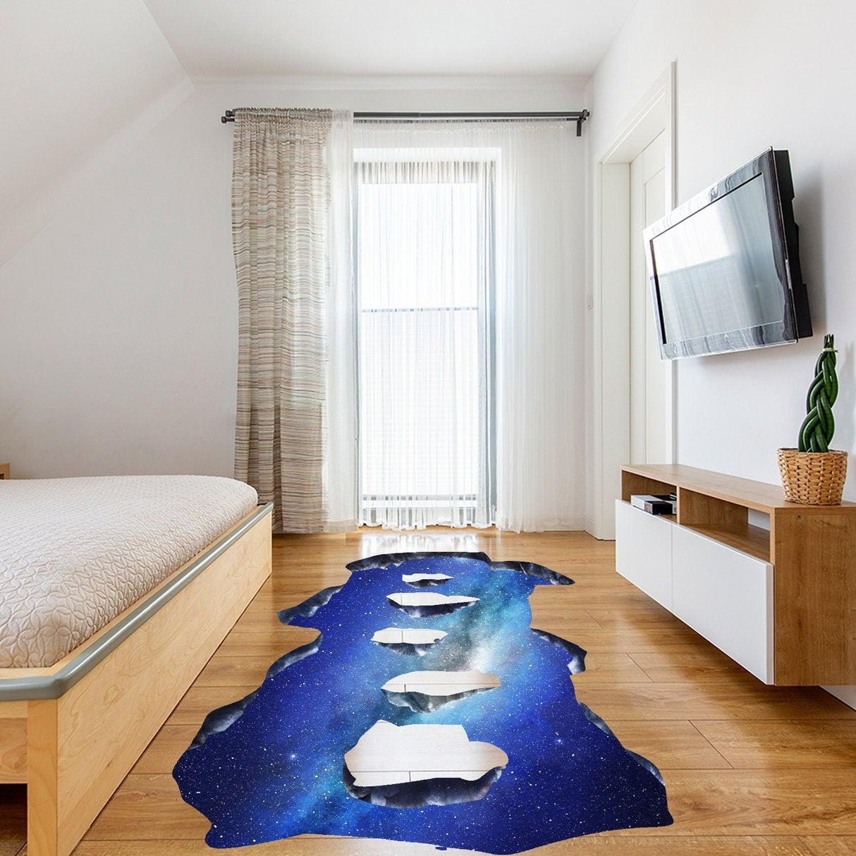 3D space bridge vinyl decal on wooden floor, creating a galactic illusion in a bright living space.