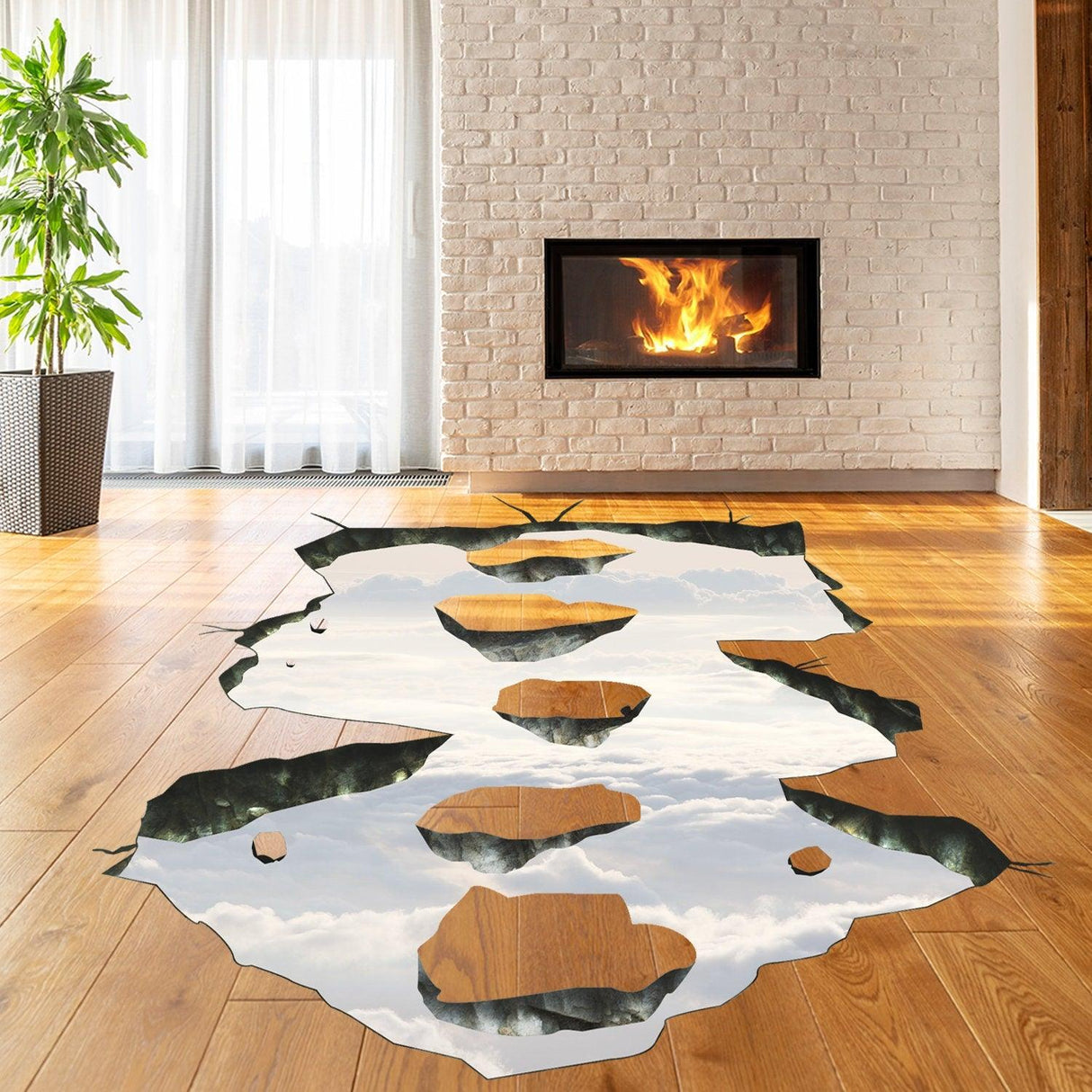 3D vinyl decal of a river path with stones, adding a whimsical touch to living room decor.