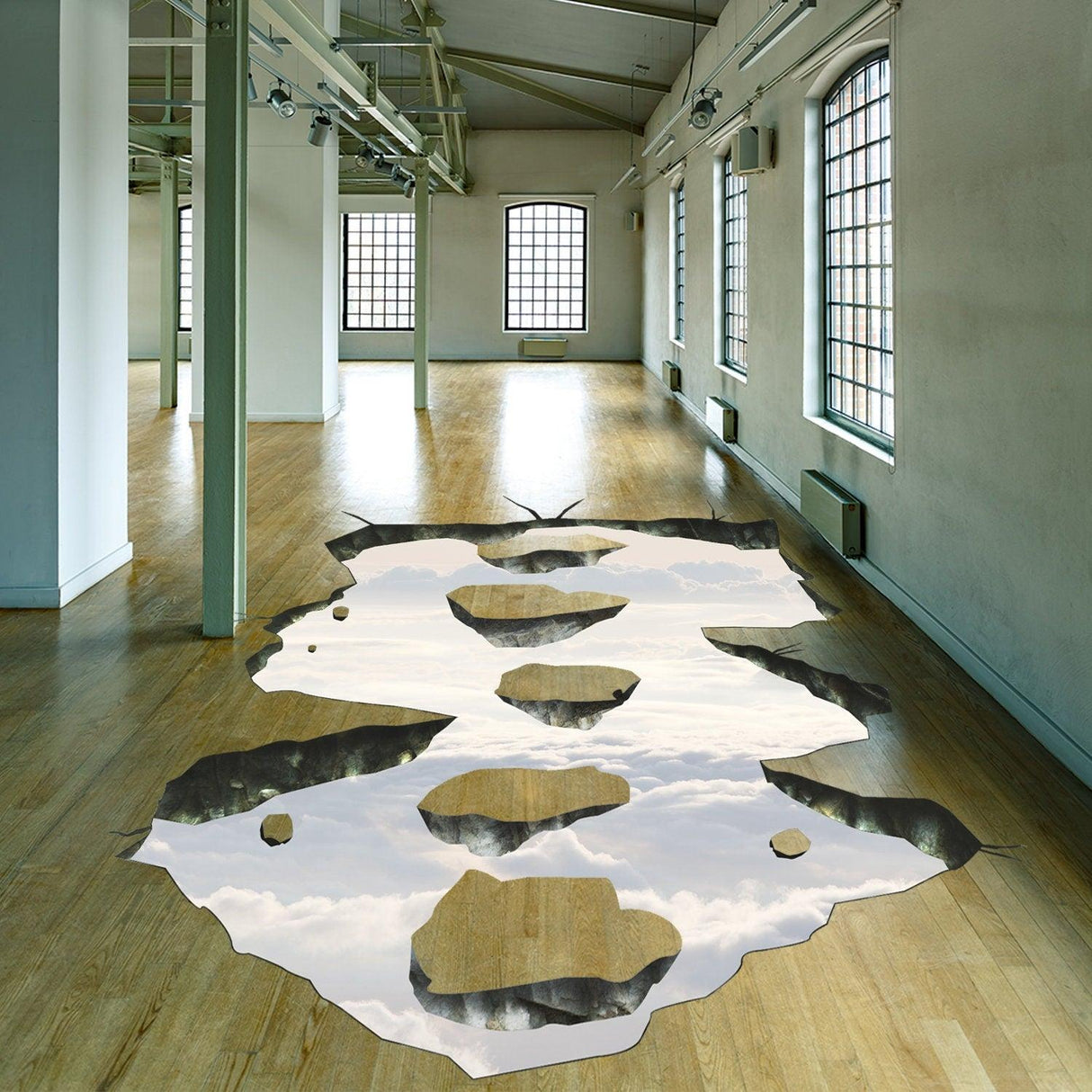 3D space bridge floor vinyl decal design in a spacious room with wood flooring and large windows.