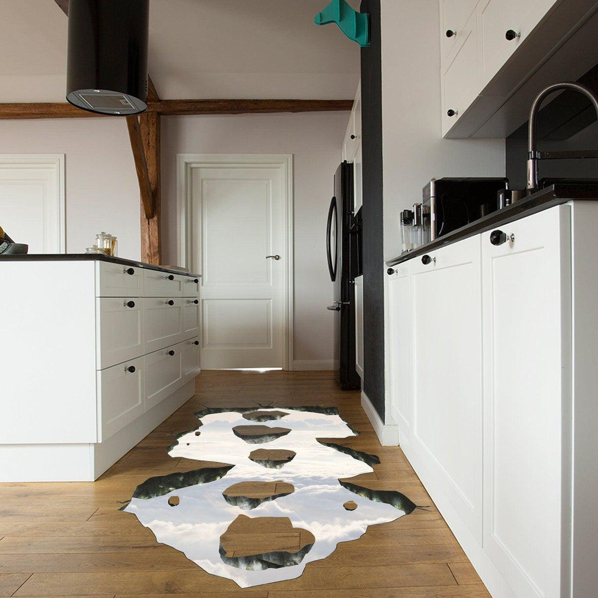 3D space bridge vinyl decal on kitchen floor, creating a stunning galaxy illusion, perfect for home decor.