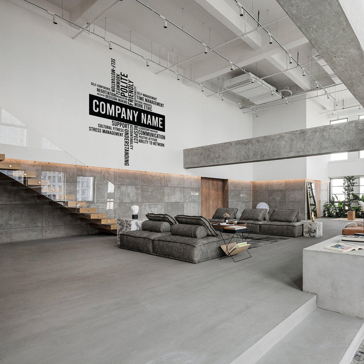 Modern office interior featuring a Custom Business Name Vinyl Wall Sticker for professional decor.