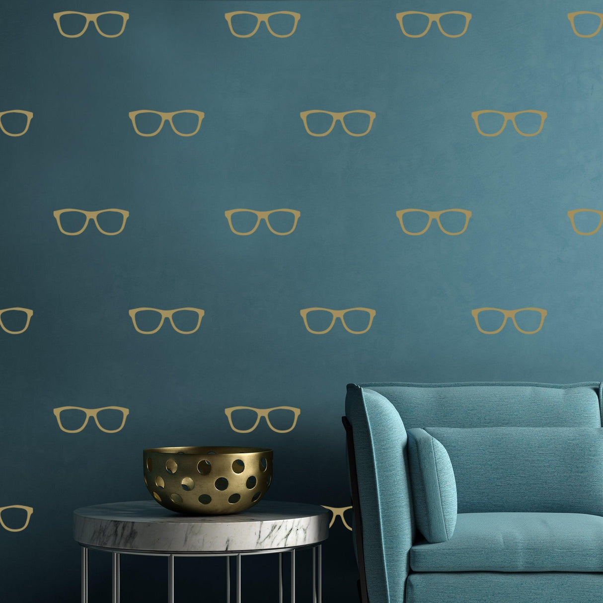 Stylish glasses wall decals on a blue wall, enhancing modern living room decor with charm and personality.