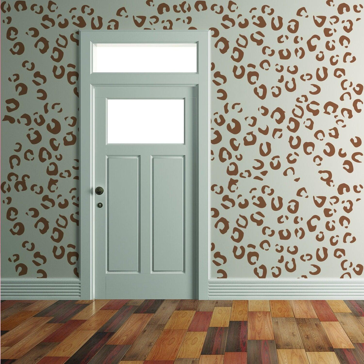Leopard print wall design with a light blue door and hardwood flooring, showcasing a stylish home decor.