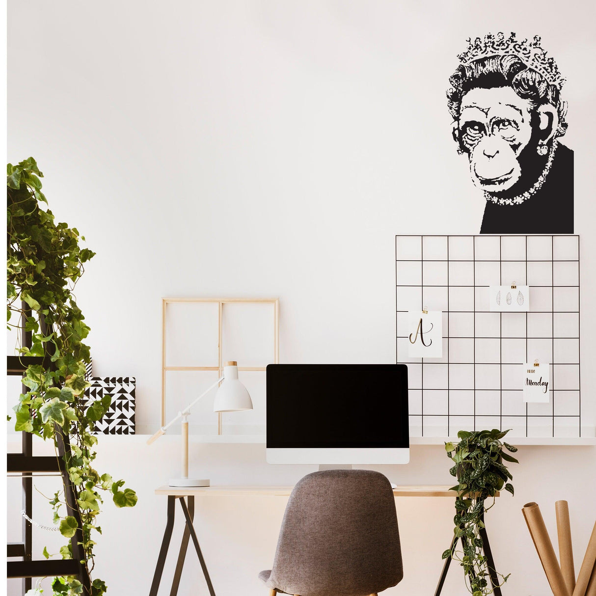 Banksy Monkey Queen Wall Art Sticker in modern kitchen workspace, featuring a crowned monkey with playful vibes.