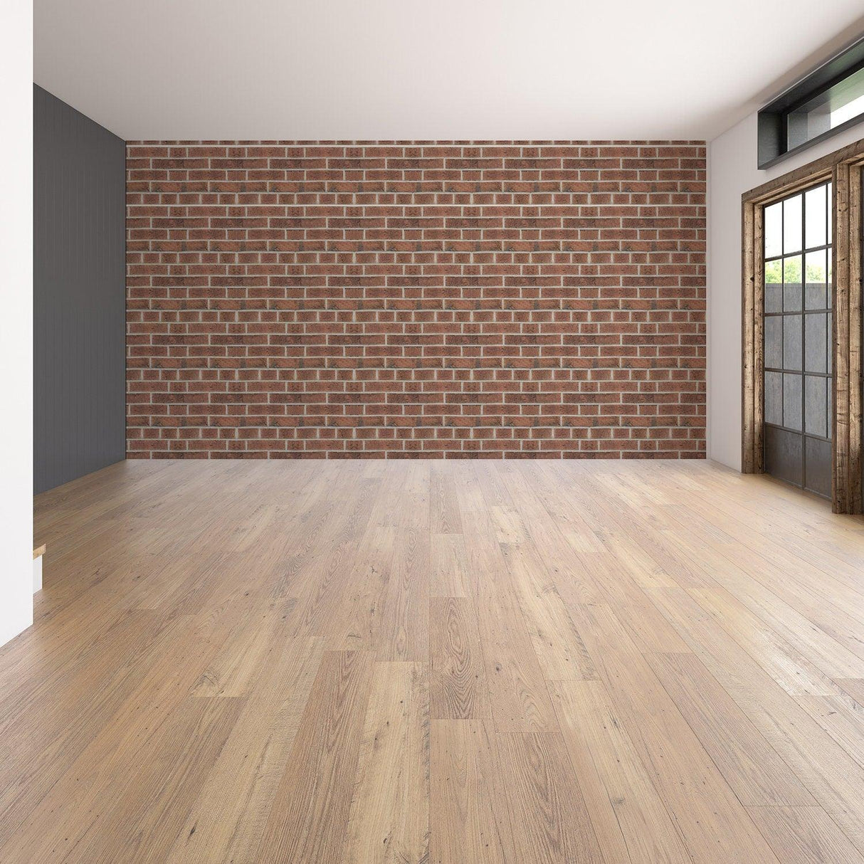 Interior view of a room featuring brick self-adhesive wallpaper on the wall and wooden flooring.
