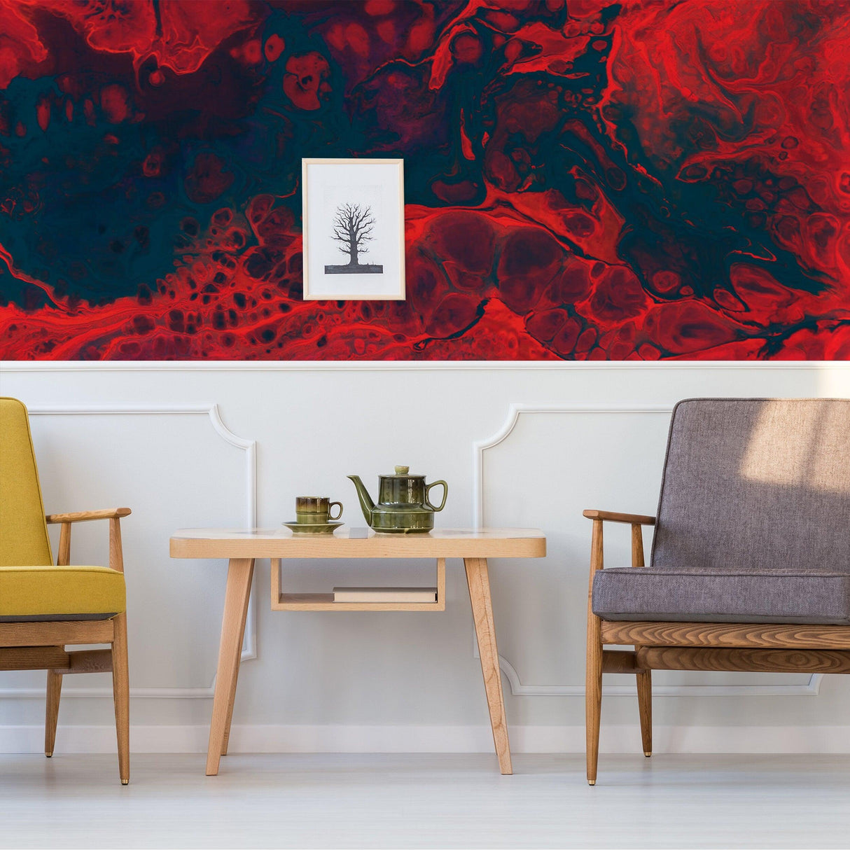 Stylish room with red and blue marble wallpaper, a wooden table, and two modern chairs for an elegant decor.
