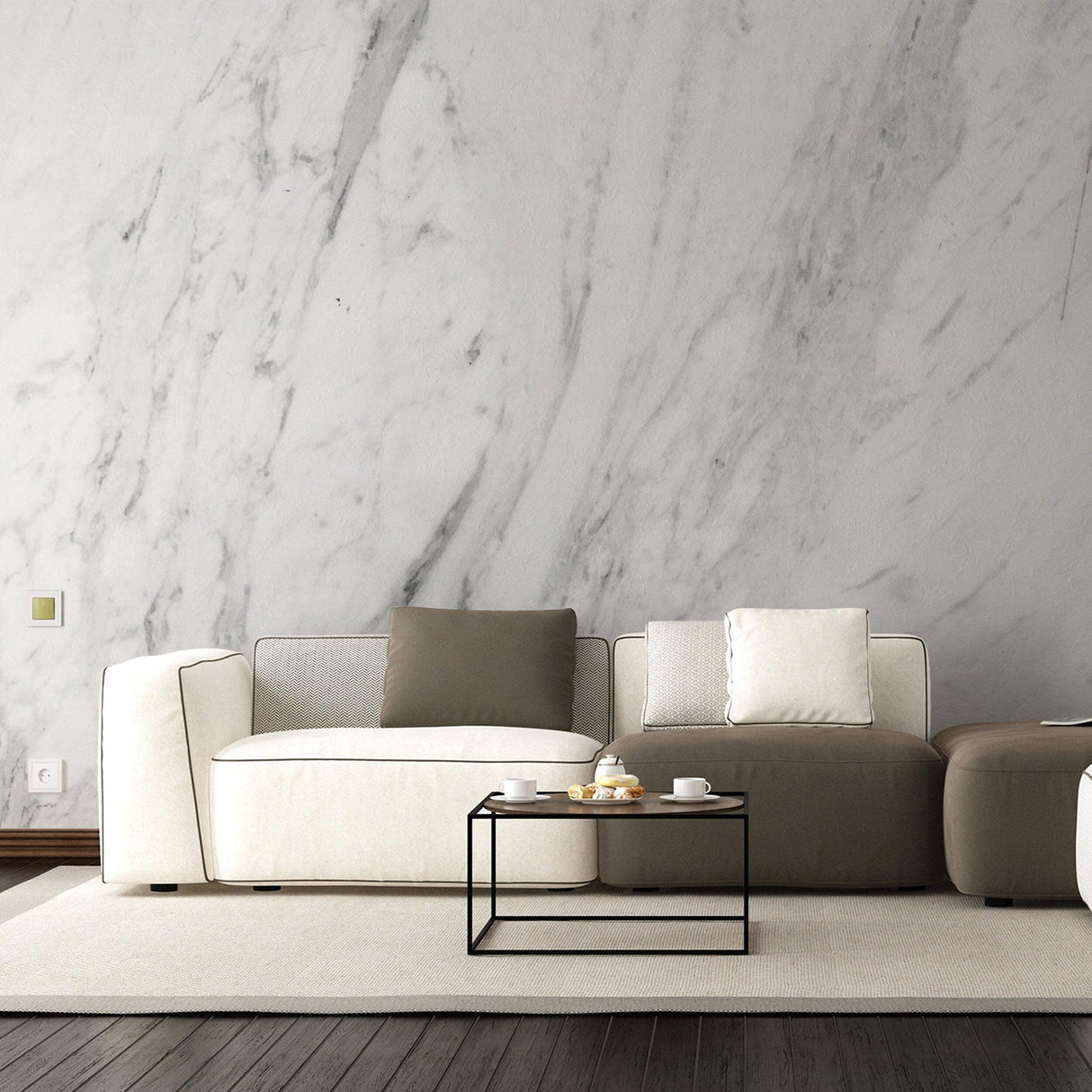 Stylish living room featuring a marble vinyl wallpaper, modern furniture, and a black coffee table.