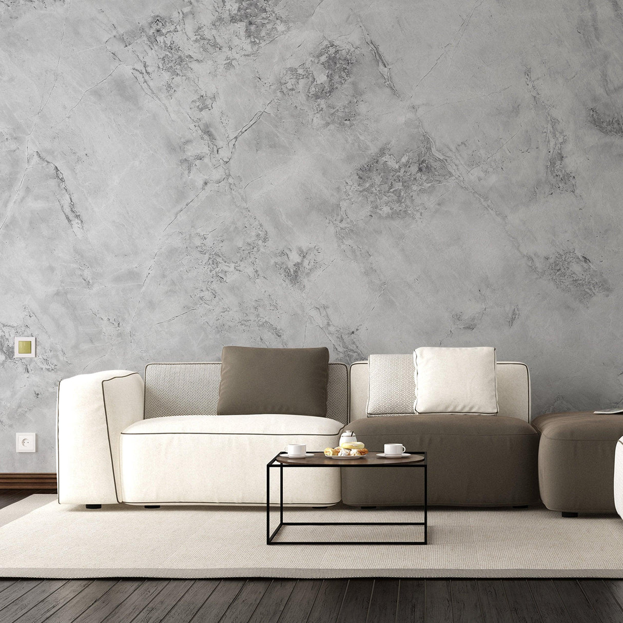 Elegant living room with marble vinyl wallpaper, modern furniture, and a cozy setup featuring a coffee table with cups.