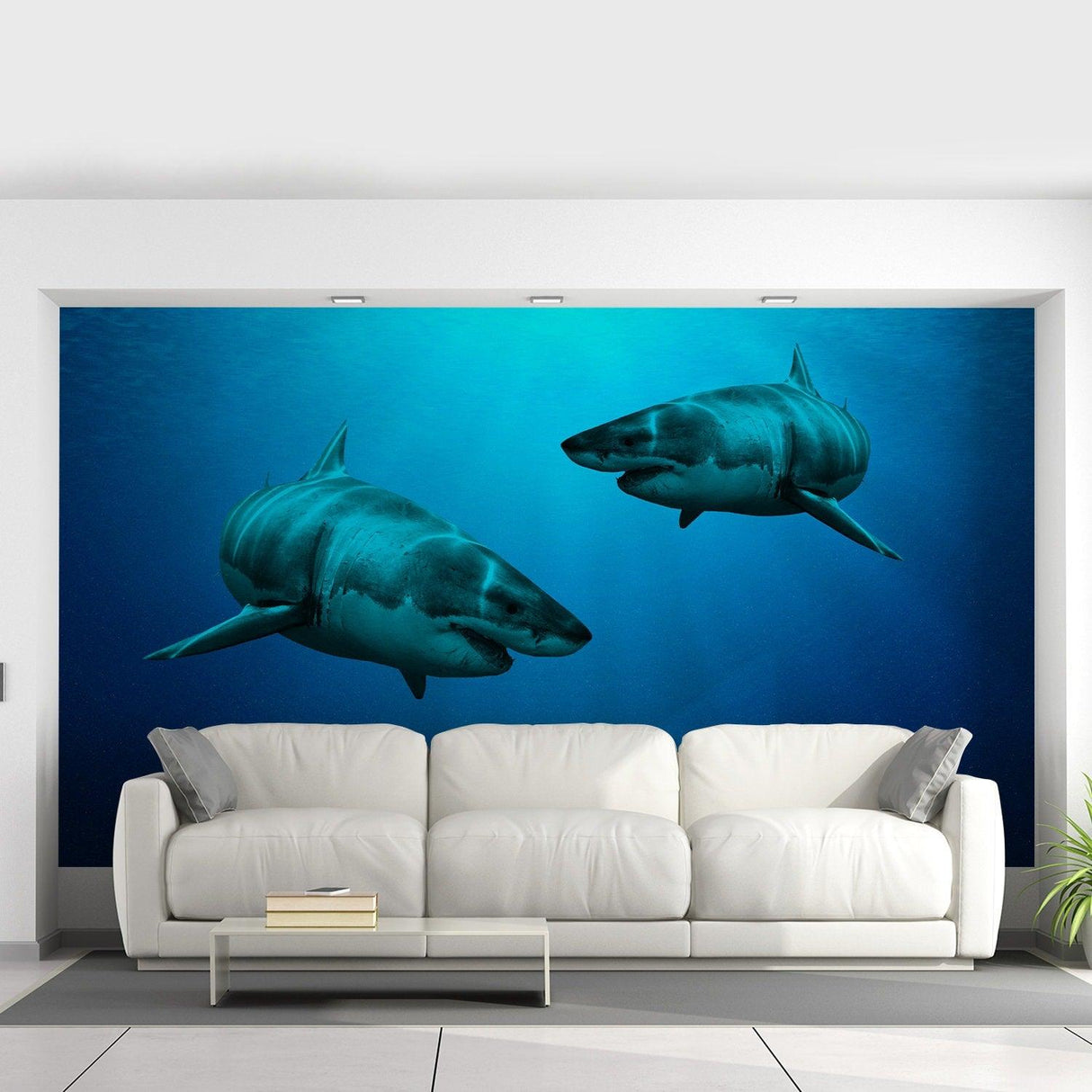 3D shark wall sticker in ocean-themed room with couch, realistic underwater design, vibrant colors and details.