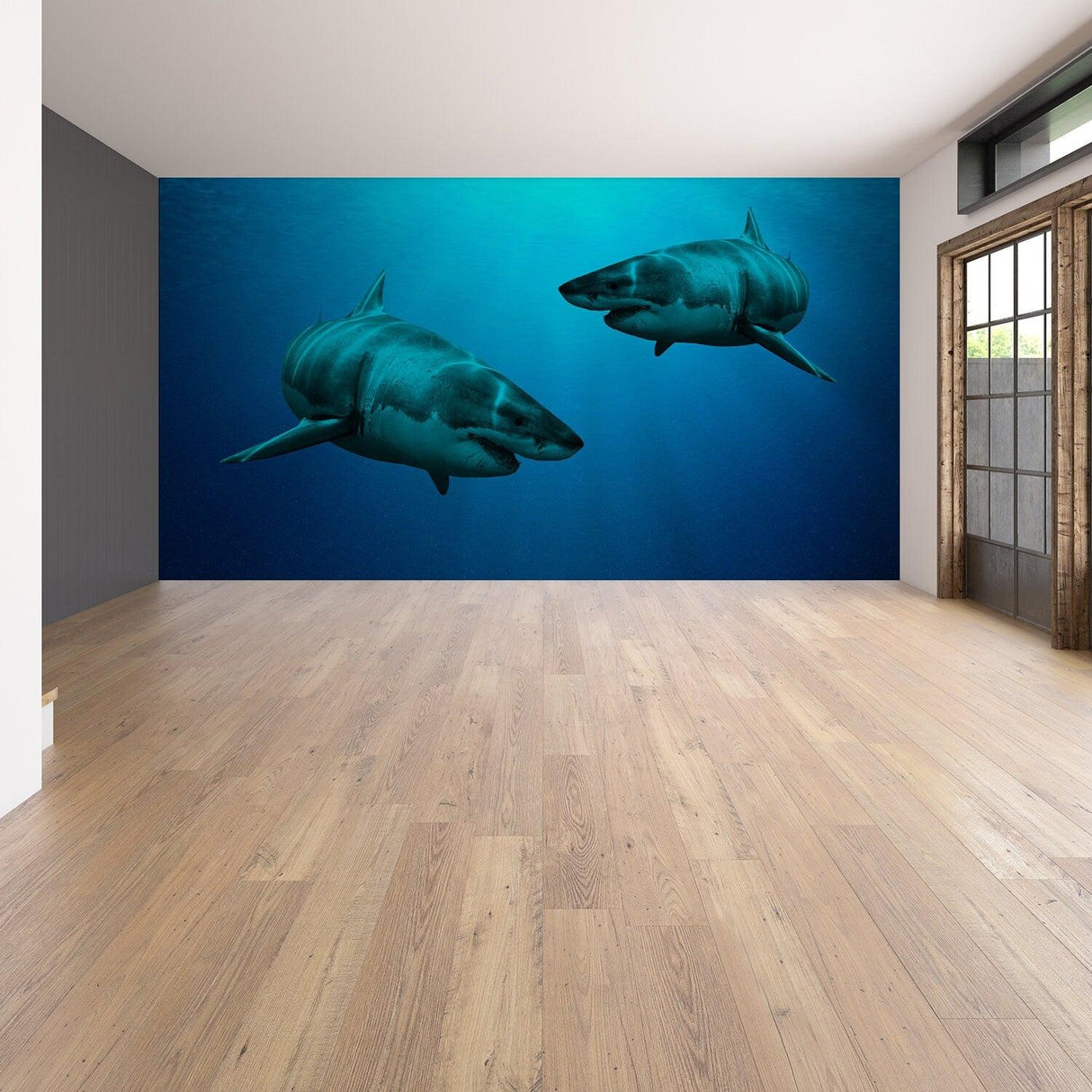 3D wallpaper shark decor sticker in an ocean-themed room with realistic underwater scene and vibrant colors.
