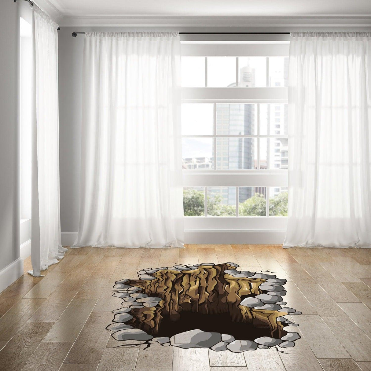 3D floor porthole sticker featuring a realistic hole design in a living room setting with natural light.