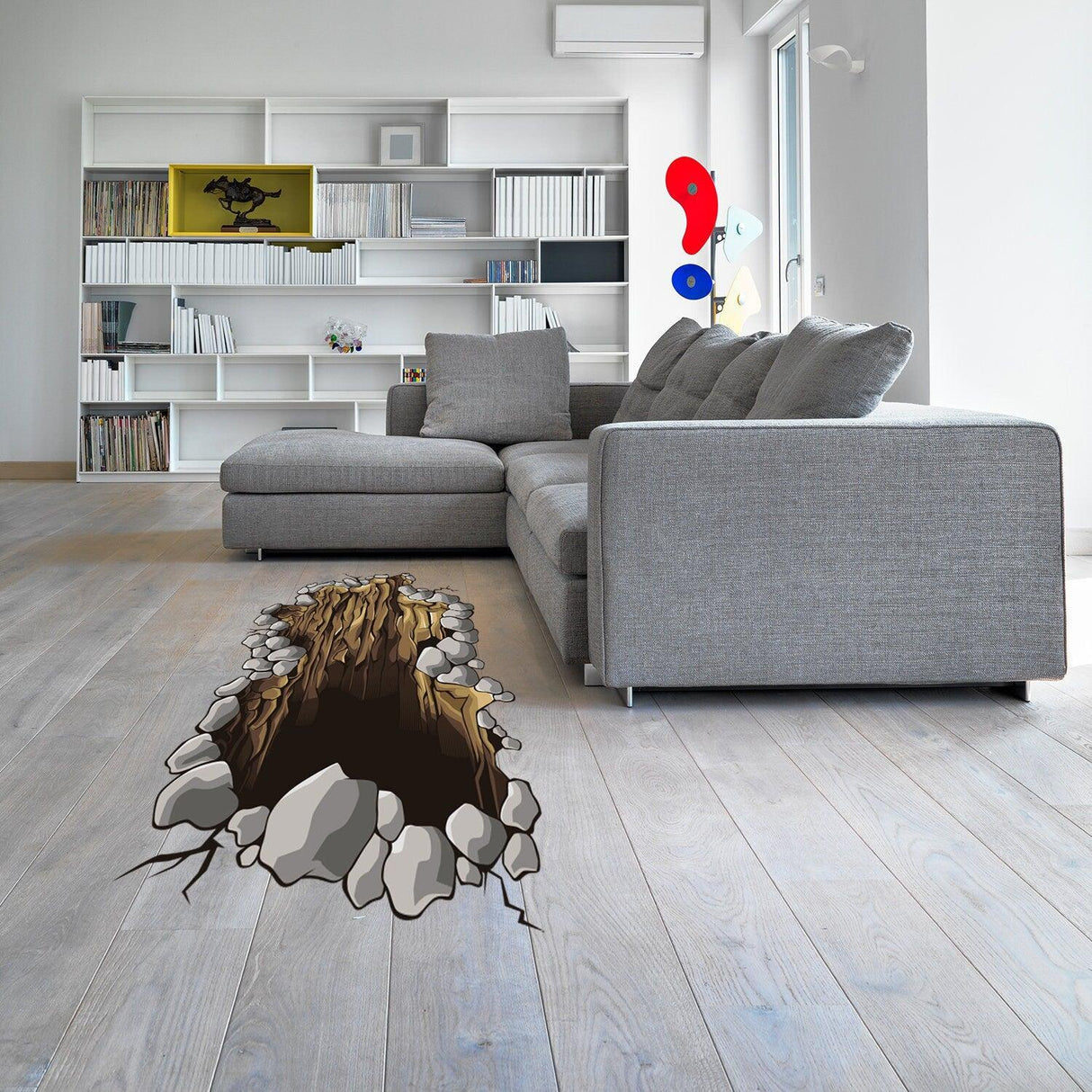 3D floor porthole sticker depicting a realistic hole design in a modern living room setting.