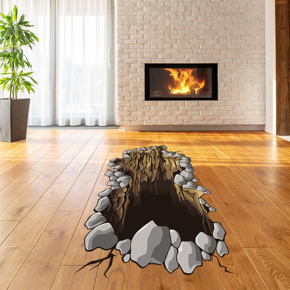 3D floor porthole sticker depicting a rocky hole in the floor, adding an eye-catching design to the living room.