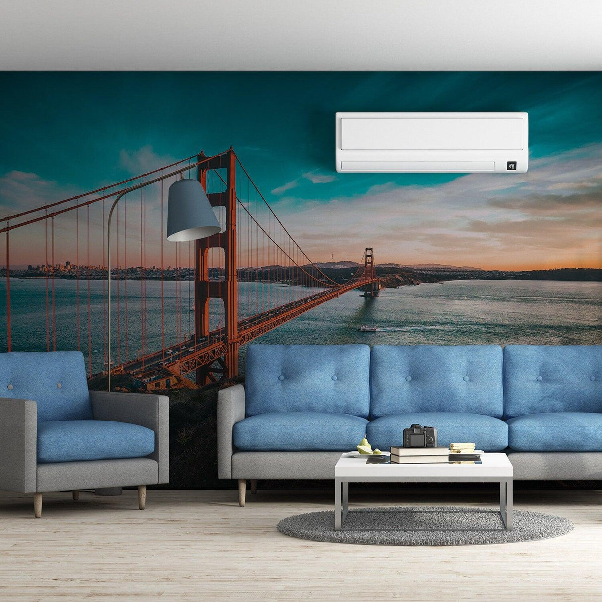 California Golden Gate Bridge wallpaper sticker in modern living room with blue furniture and scenic view.