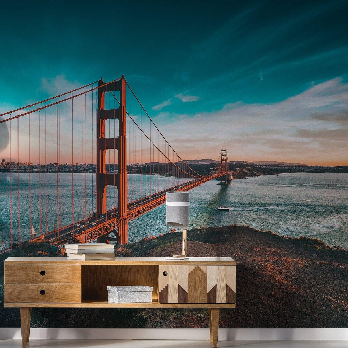 California Golden Gate Bridge wall mural in vibrant colors, adding elegance to home decor.