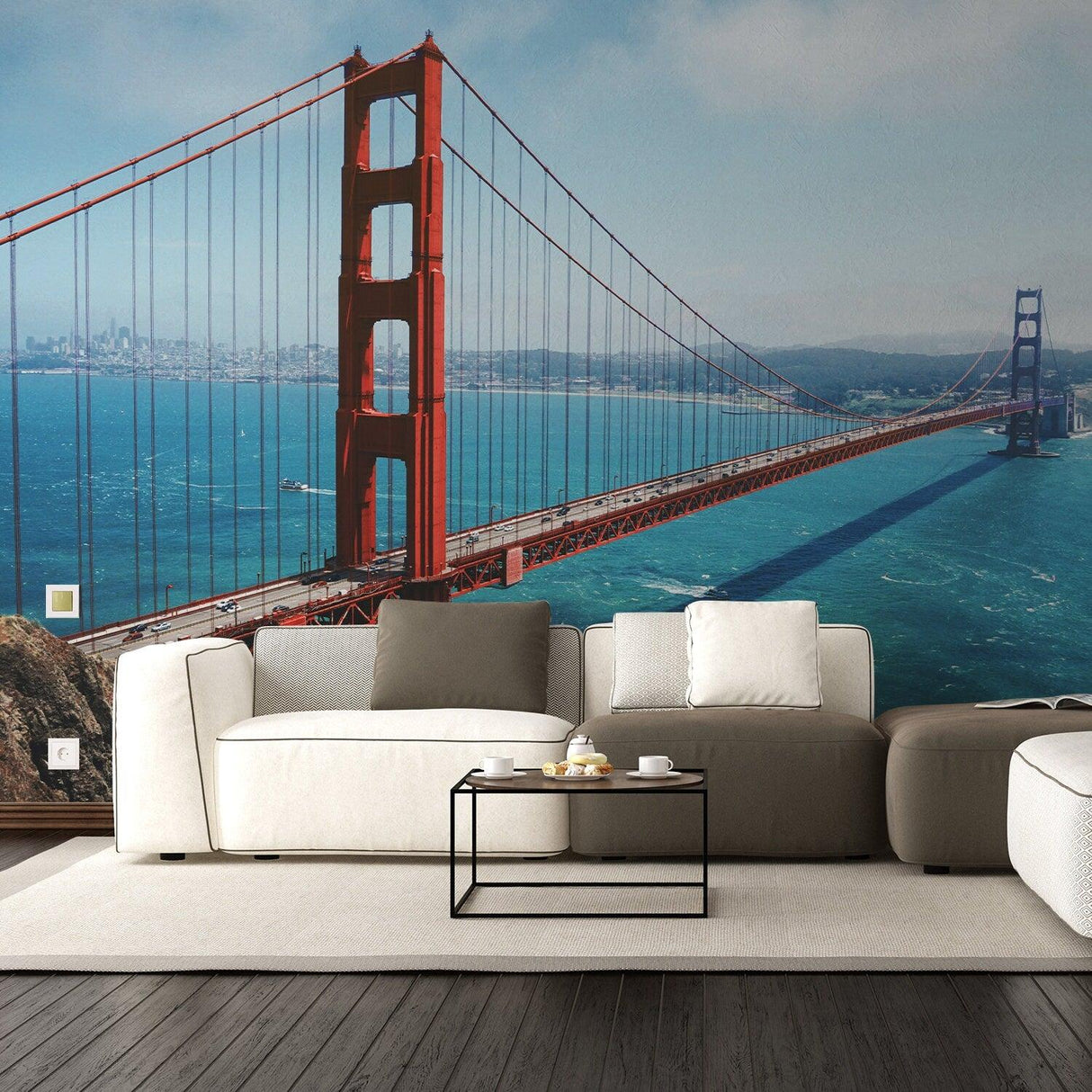 California Golden Gate Bridge wallpaper sticker in a modern living room setting.