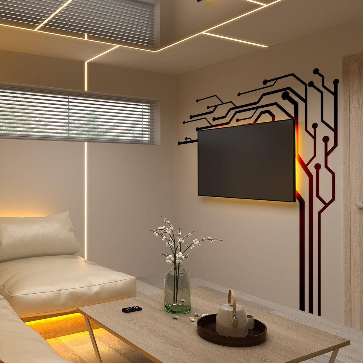Decorative vinyl decals in a modern living room with a TV, showcasing a circuit design wall art.