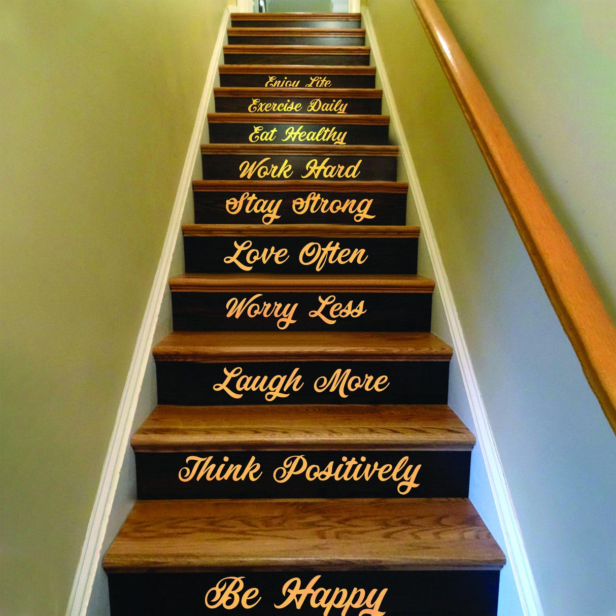 Stair riser with vinyl quotes including 'Exercise Daily' and 'Be Happy' for home decor inspiration.