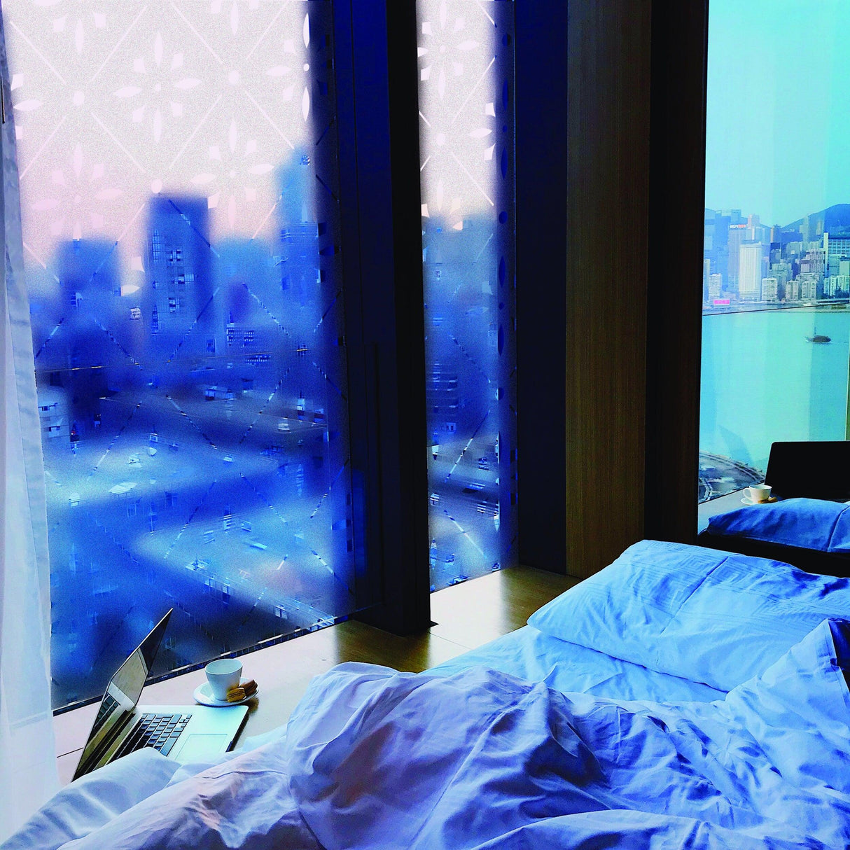 Frosted window decal enhancing a stylish bedroom view, providing privacy with an elegant etched design.