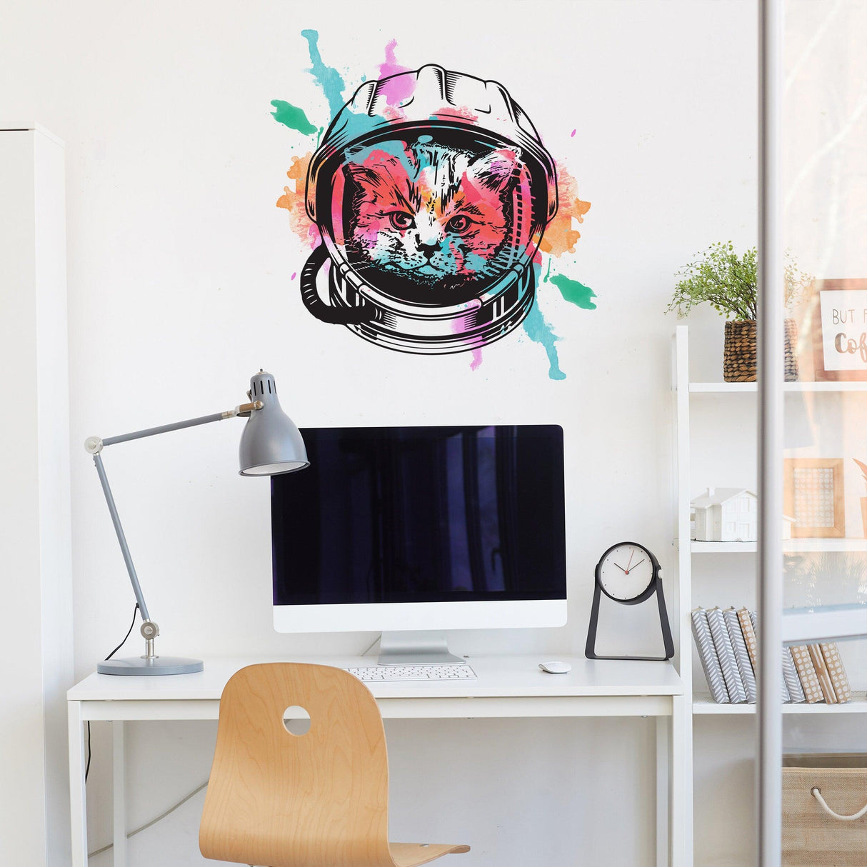 Colorful Space Cat Wall Art Transfer Sticker featuring an astronaut kitten in a vibrant design for decor.