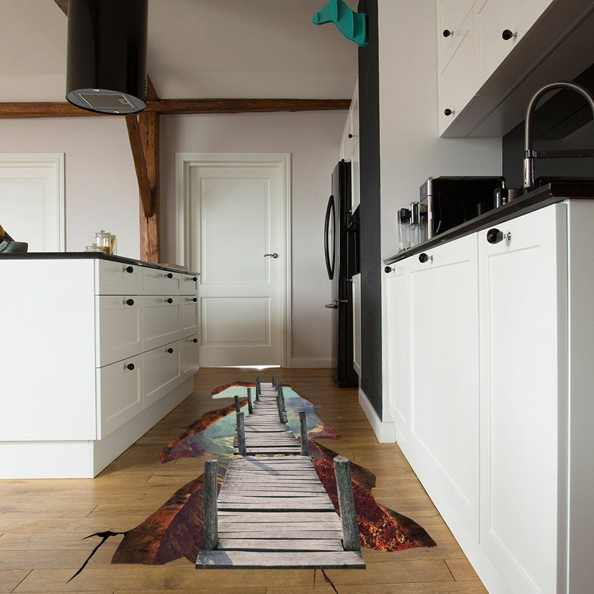 3D space bridge vinyl decal on kitchen floor, creating an illusion of a wooden bridge over a colorful landscape.