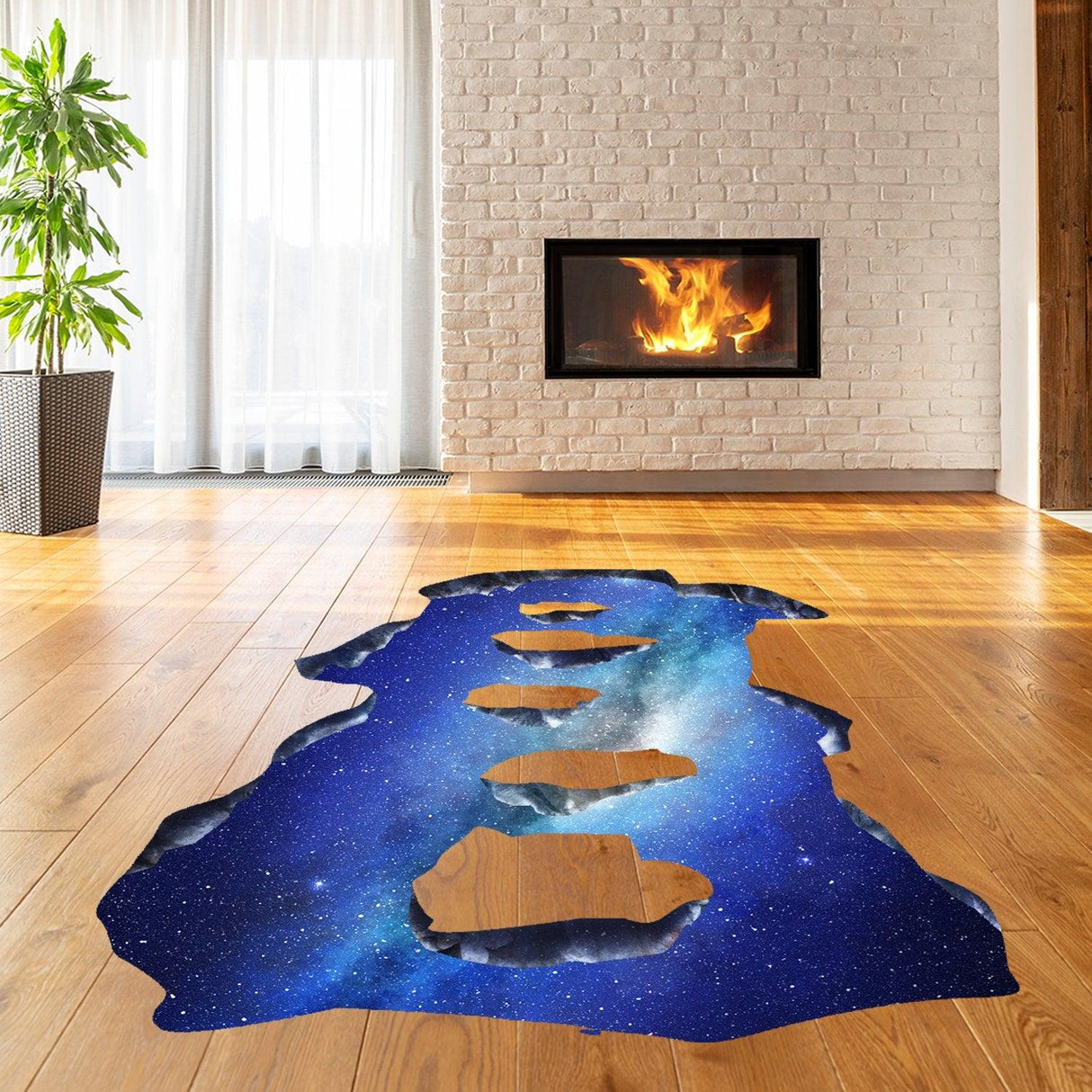 3D space bridge floor vinyl decal creating a galactic illusion on wooden flooring under a cozy fireplace.