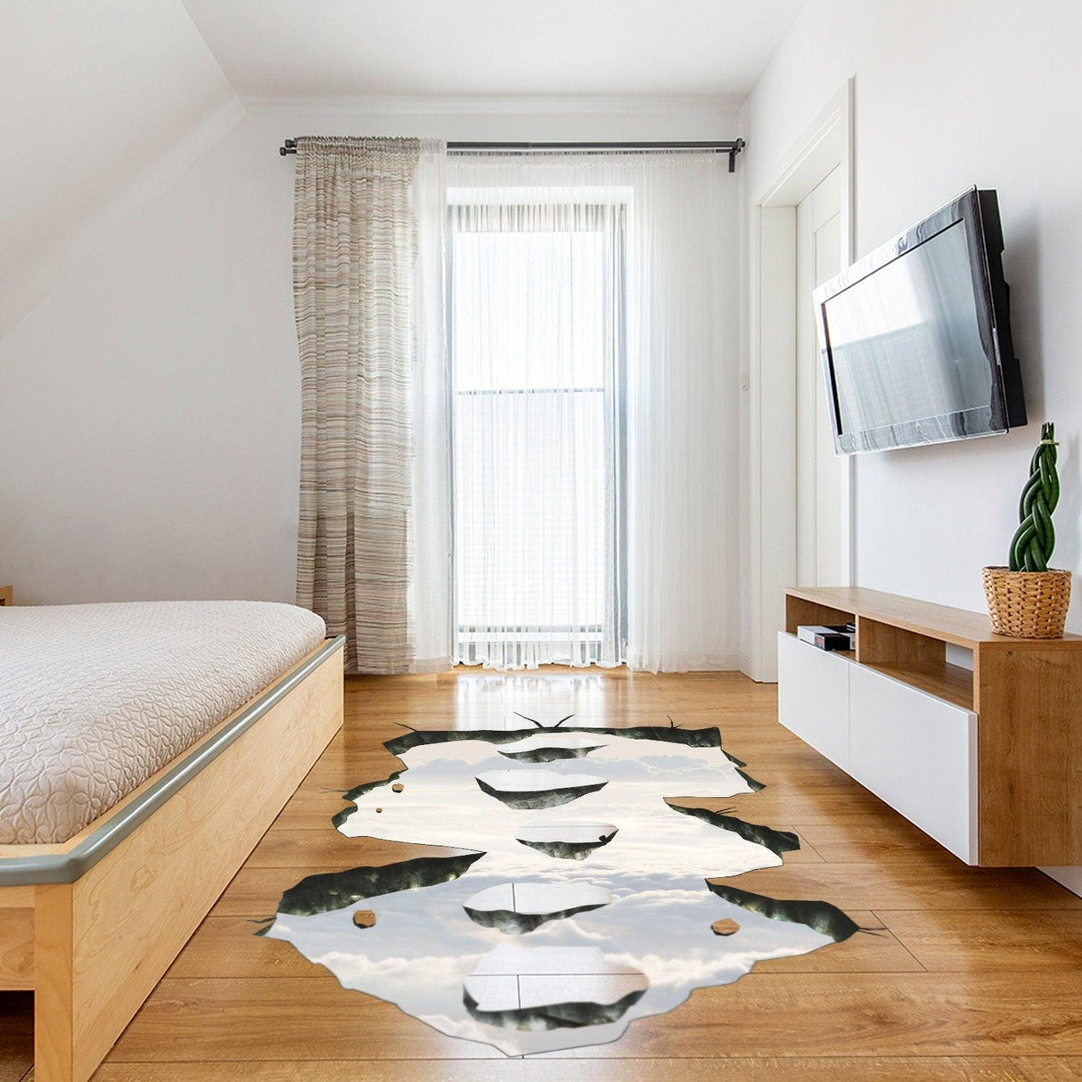 3D space bridge floor decal in a modern bedroom, showing a galaxy design on wooden flooring.