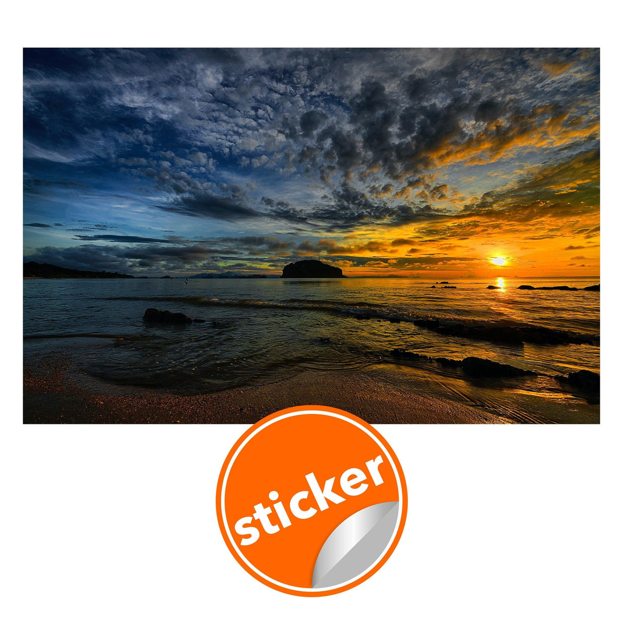 Sunset wallpaper decal showcasing a serene beach scene with vibrant colors, perfect for home decor enhancement.