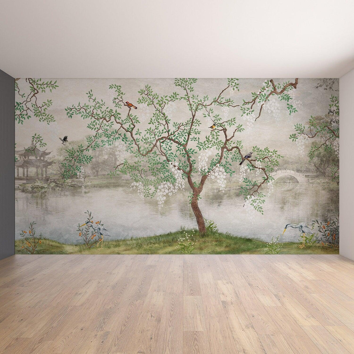 Chinoiserie wallpaper featuring a serene garden scene with trees and birds, perfect for enhancing bedroom decor.