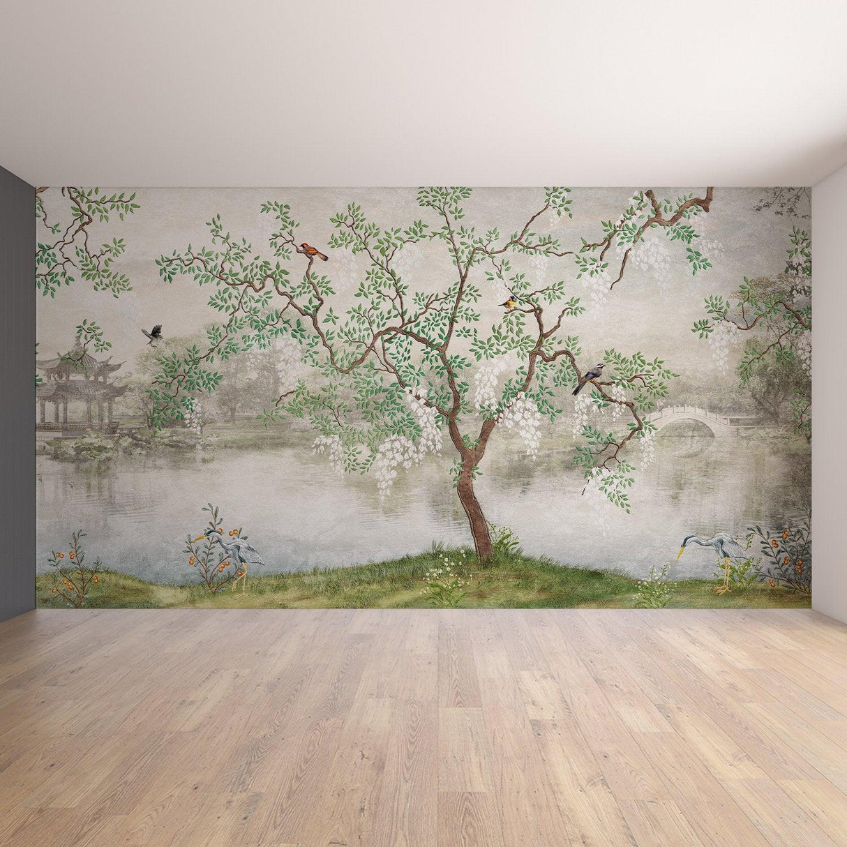 Chinoiserie wallpaper featuring a serene garden scene with trees and birds, perfect for elegant home decor.