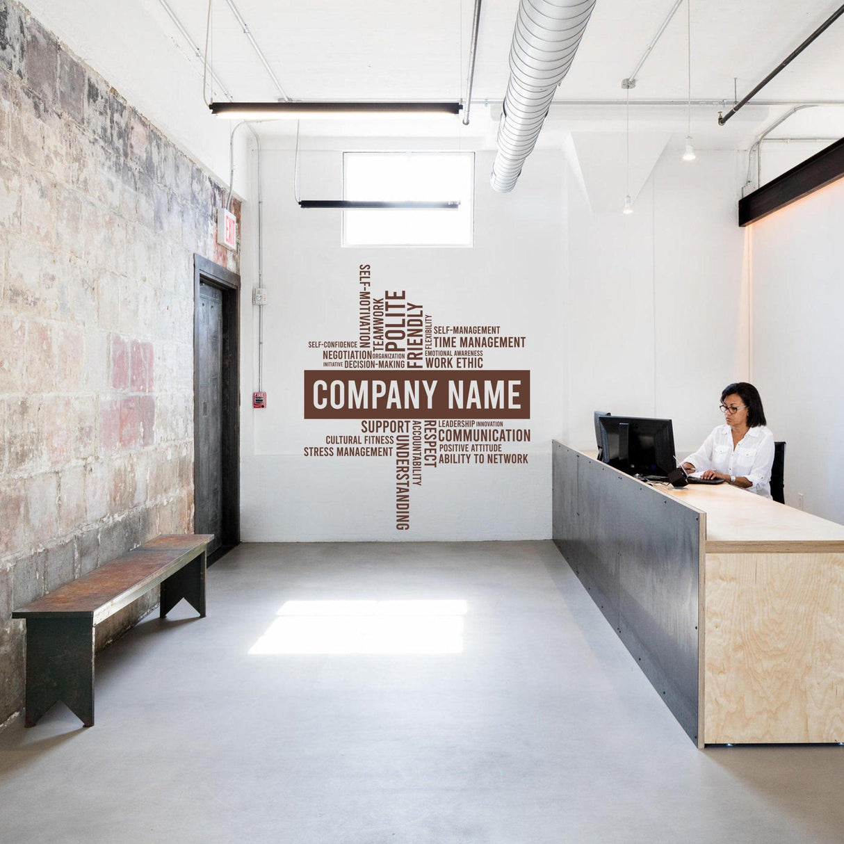 Custom business name vinyl wall sticker in modern office, featuring branding keywords and a professional workspace.