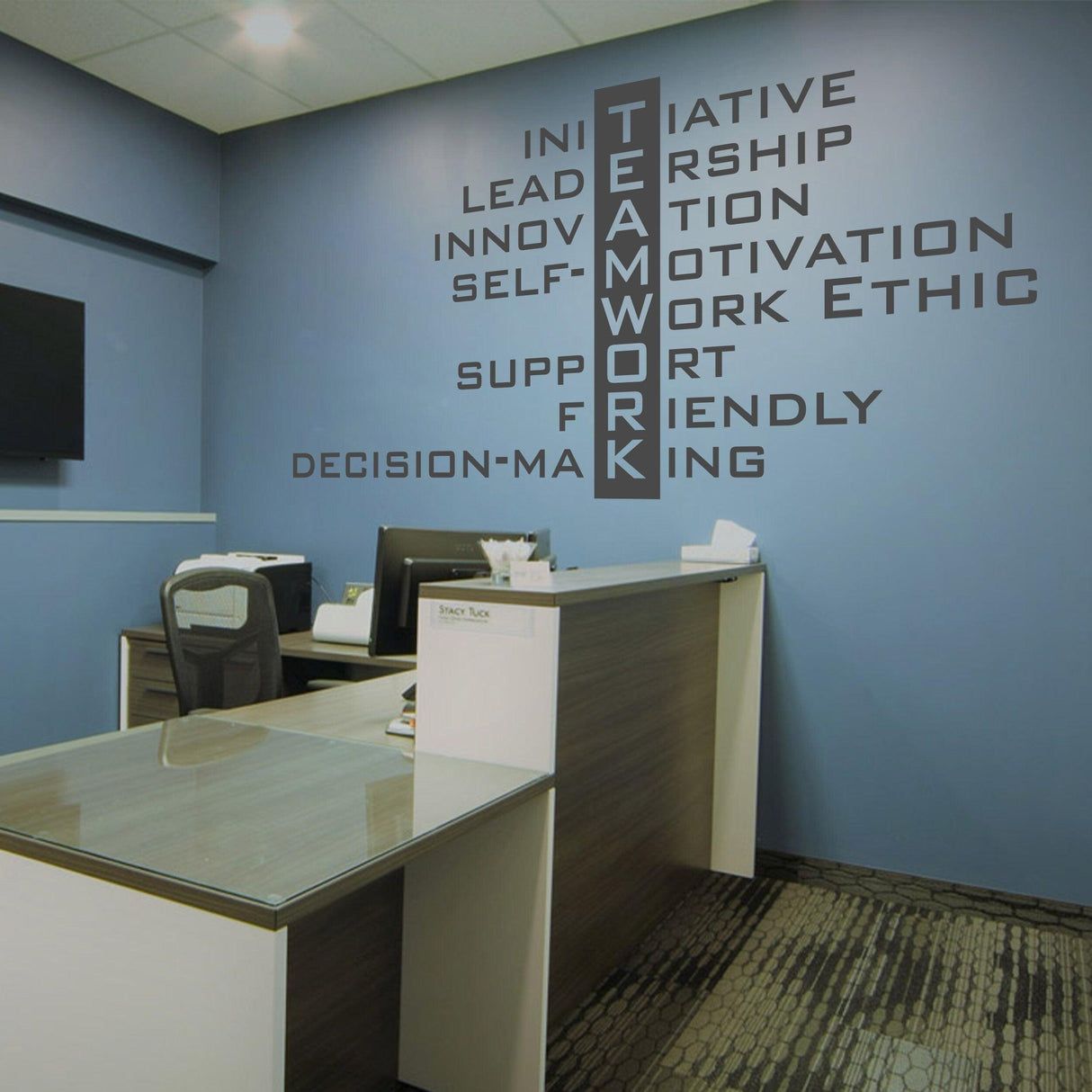 Teamwork wall office sticker featuring inspirational quotes emphasizing collaboration and motivation in a modern office space.