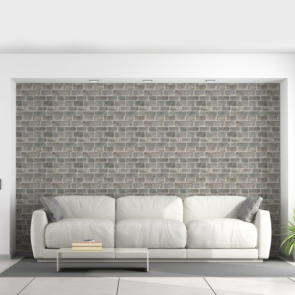Stylish living room with Peel Stick Brick Self Adhesive Wallpaper, featuring a realistic 3D stone wall design.