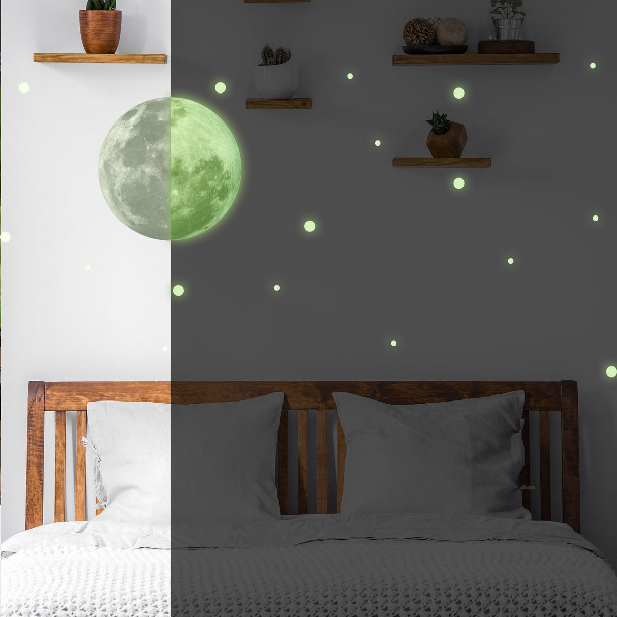 Glow in the dark moon and stars wall sticker above a cozy bed, creating a magical bedroom atmosphere.