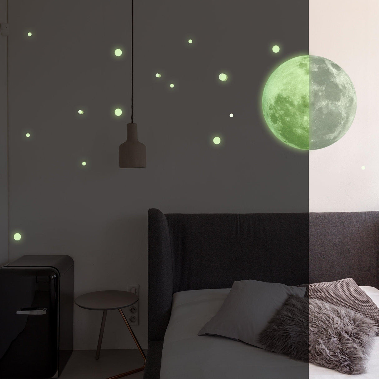 Glow in the dark full moon and stars wall sticker on bedroom wall, creating a celestial atmosphere.
