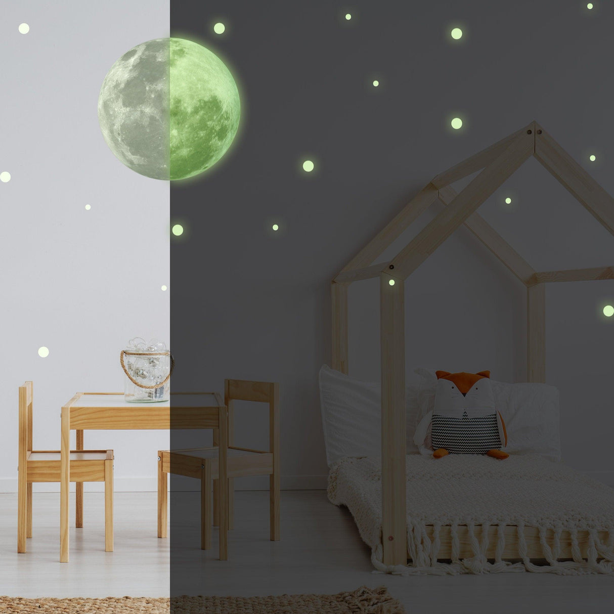 Glow in the dark full moon and star wall sticker above modern bedroom furniture, creating a magical ceiling decor.