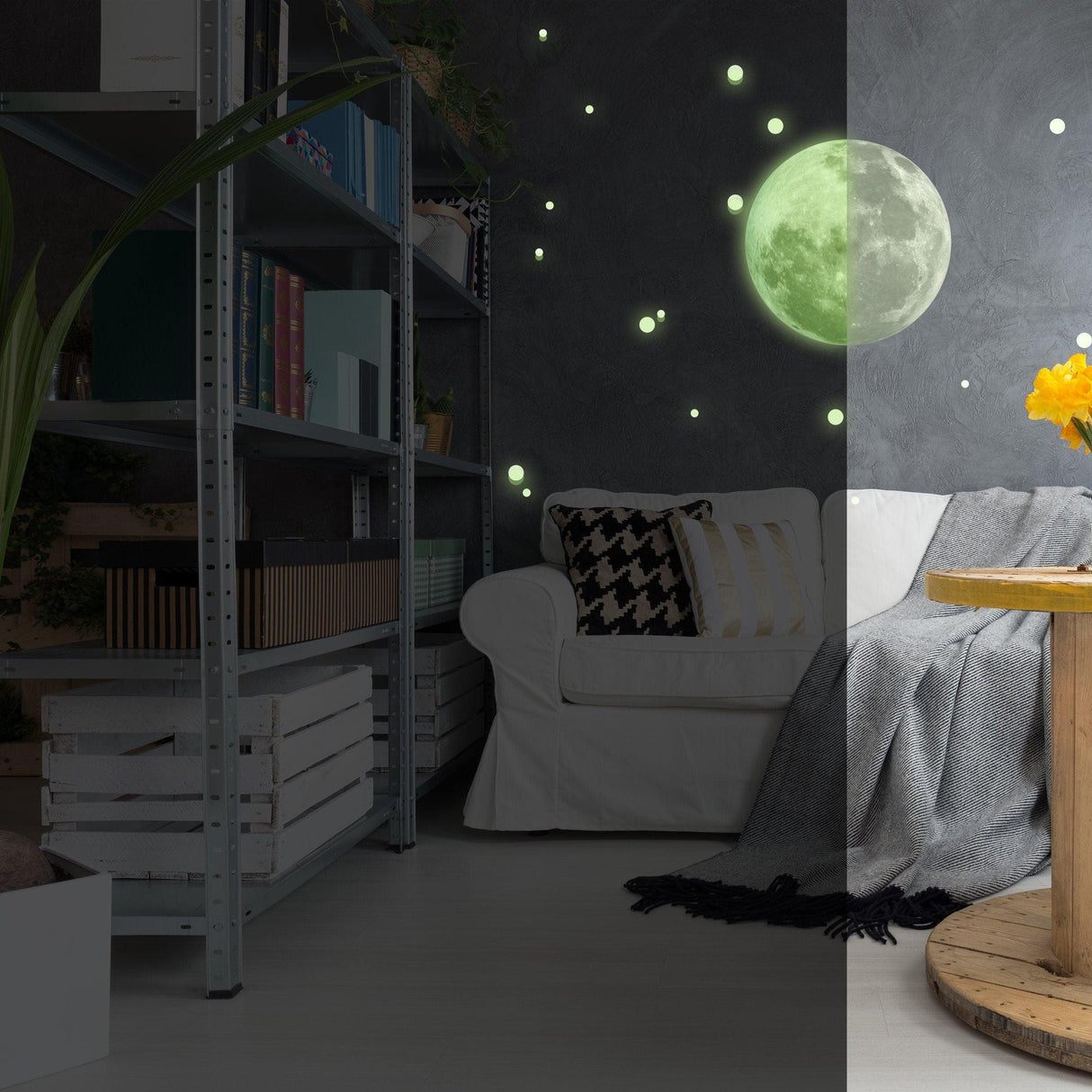Glow in the dark full moon and star wall sticker on a cozy bedroom wall, creating a magical atmosphere.