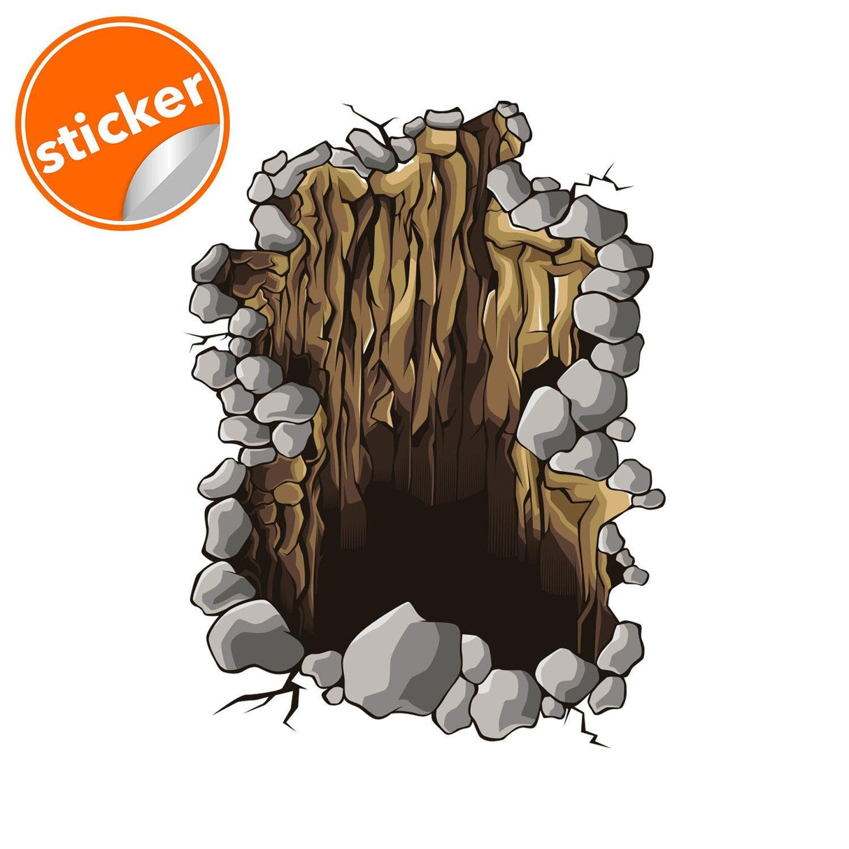 3D floor porthole sticker design showing a realistic hole surrounded by rocks for interior decoration.
