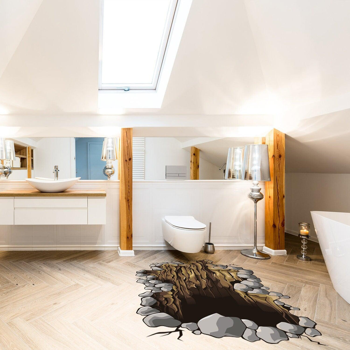3D floor sticker depicting a realistic hole with rocks and wood, enhancing a modern bathroom's decor.