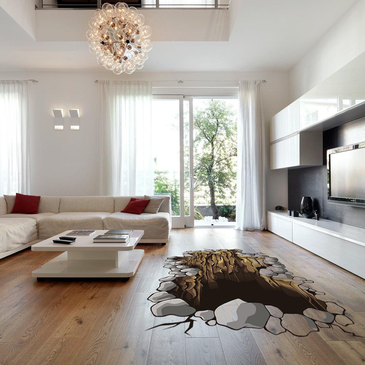 3D floor porthole sticker on living room floor, featuring rocky edges and a view of an underground tunnel.